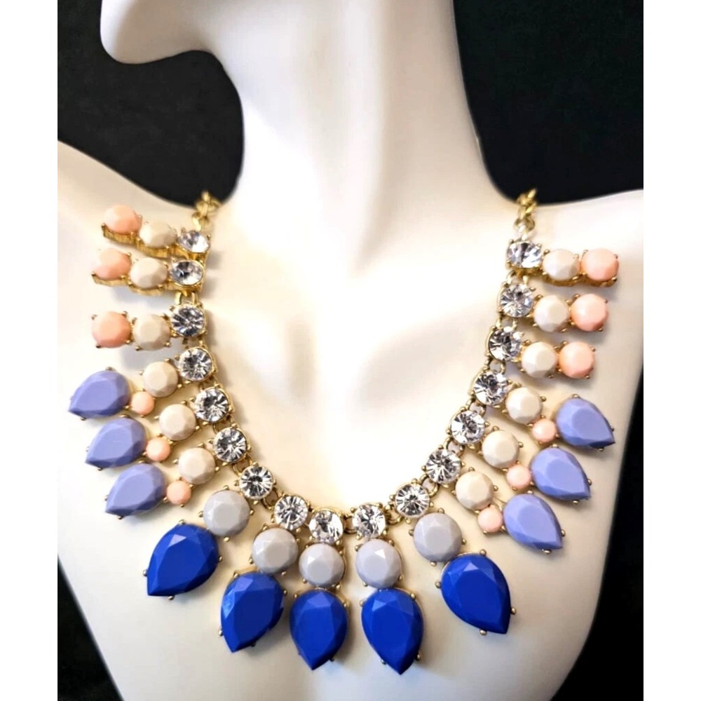 J.Crew Multi-Color Crystal Bib Statement Necklace Gold Tone Blue Peach Cream